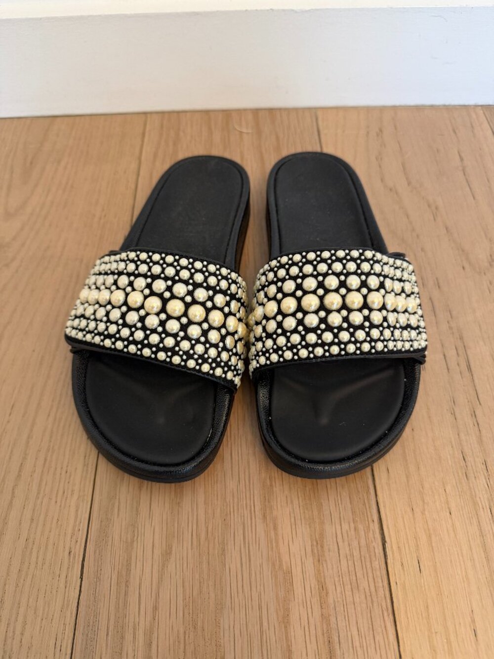 Jimmy Choo Black Leather Slides with Ivory Pearls